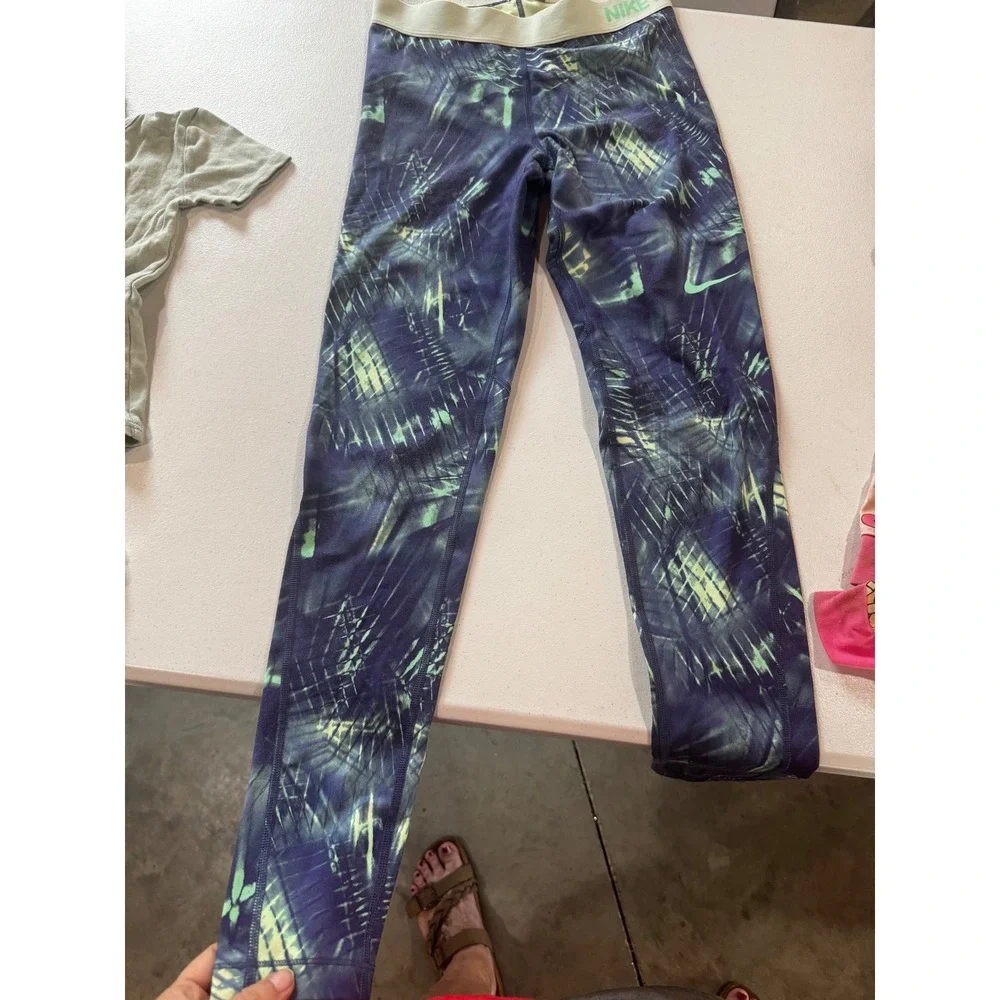 Nike Girls Pro Warm Tights Purple Green Abstract Palm Print Leggings M